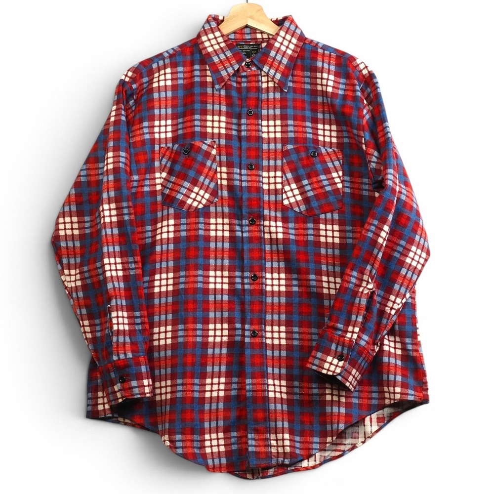 VTG 1970s 80s JCPenney Men's Flannel Shirt Large 16-16.5 Red Blue Plaid NOS